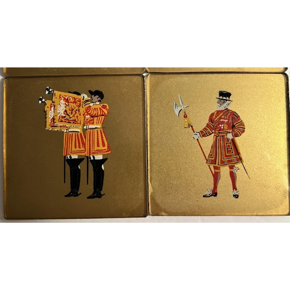 Military Coronation Coaster Set 1950s REVERSE GLASS PAINTED M/I England